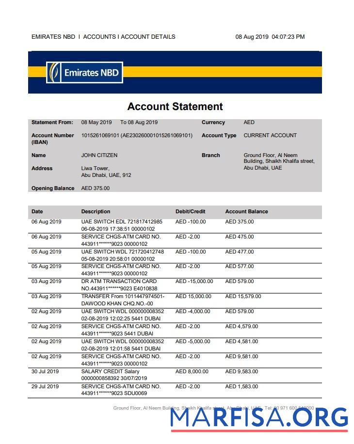 Realistic UAE Abu Dhabi Emirates NBD bank statement word download for verification